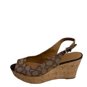 Coach brown khaki signature c wedge open toe heels shoes